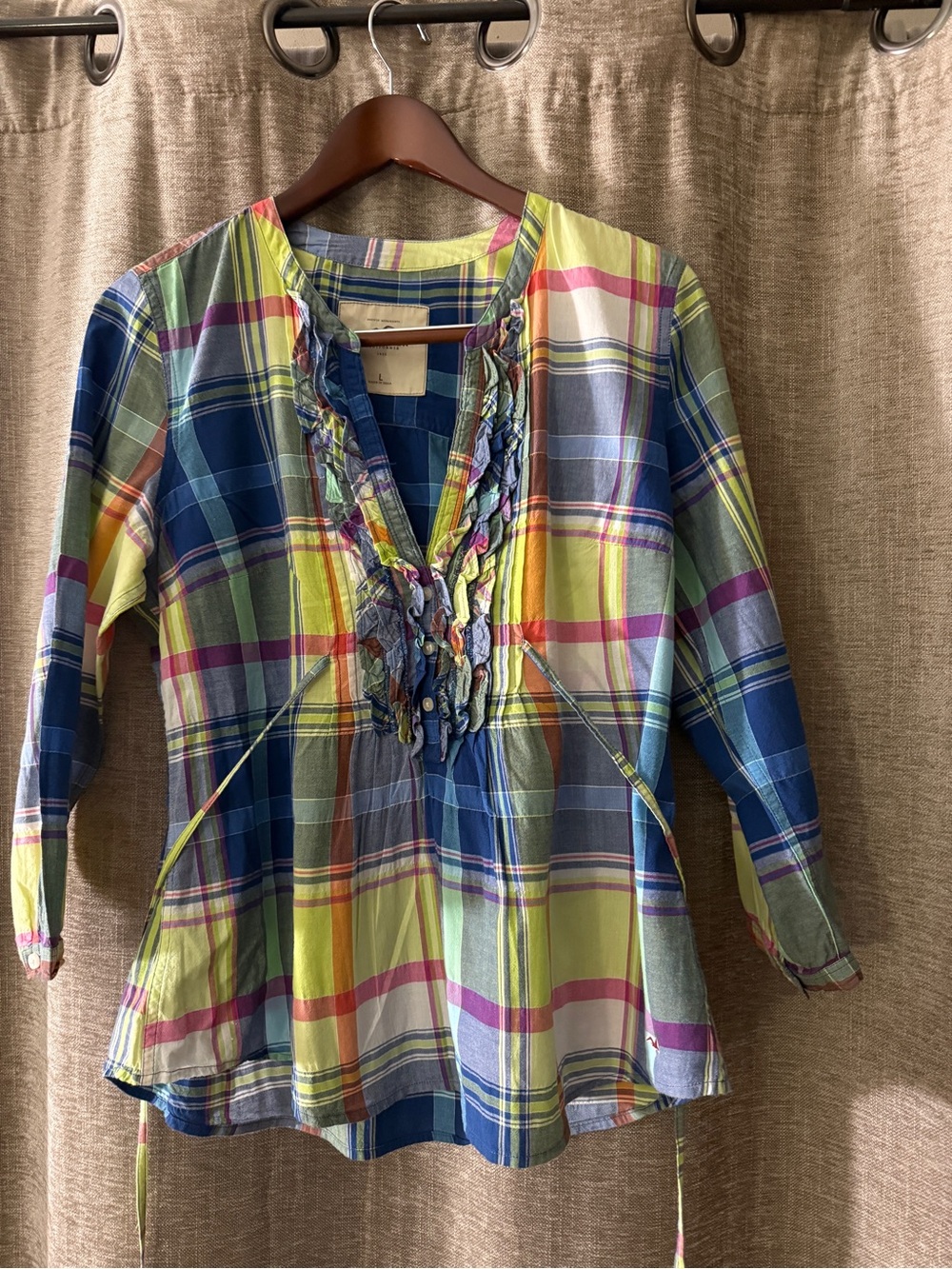 Hollister women Multicolor Plaid Ruffle-Front Tunic - Blue, Yellow, Green